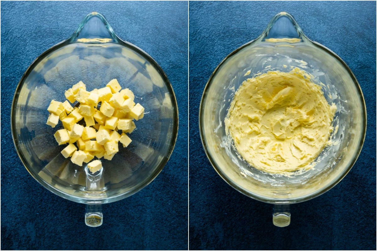 Two photo collage showing butter added to stand mixer and whipped until smooth.