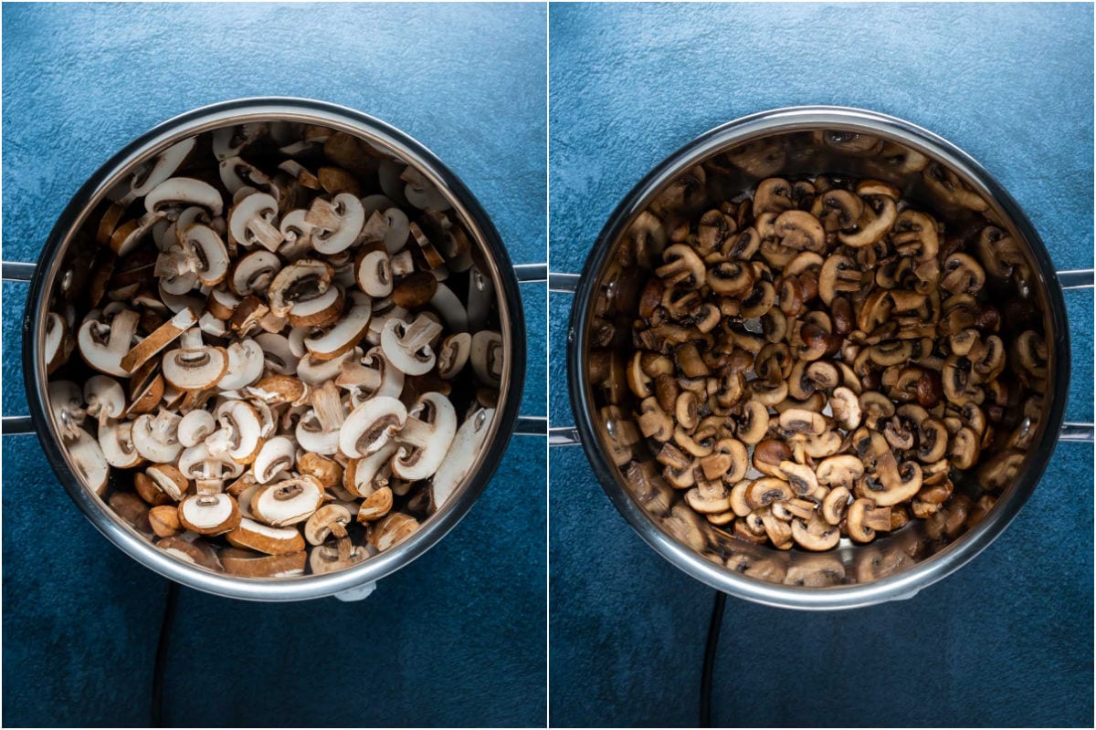 Two photo collage showing mushrooms and olive oil added to pot and sautéed together.