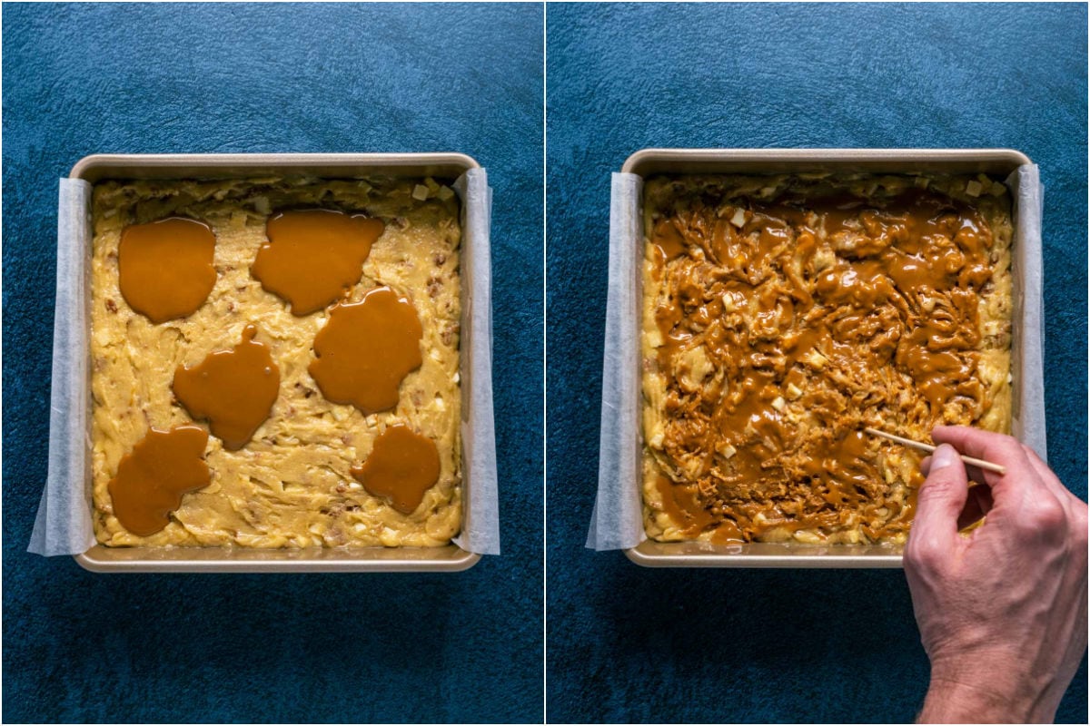 Two photo collage showing biscoff cookie butter added to top of blondie batter and swirled in.