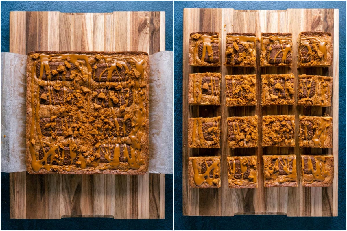 Two photo collage showing biscoff blondies on a wooden board and then cut into squares.