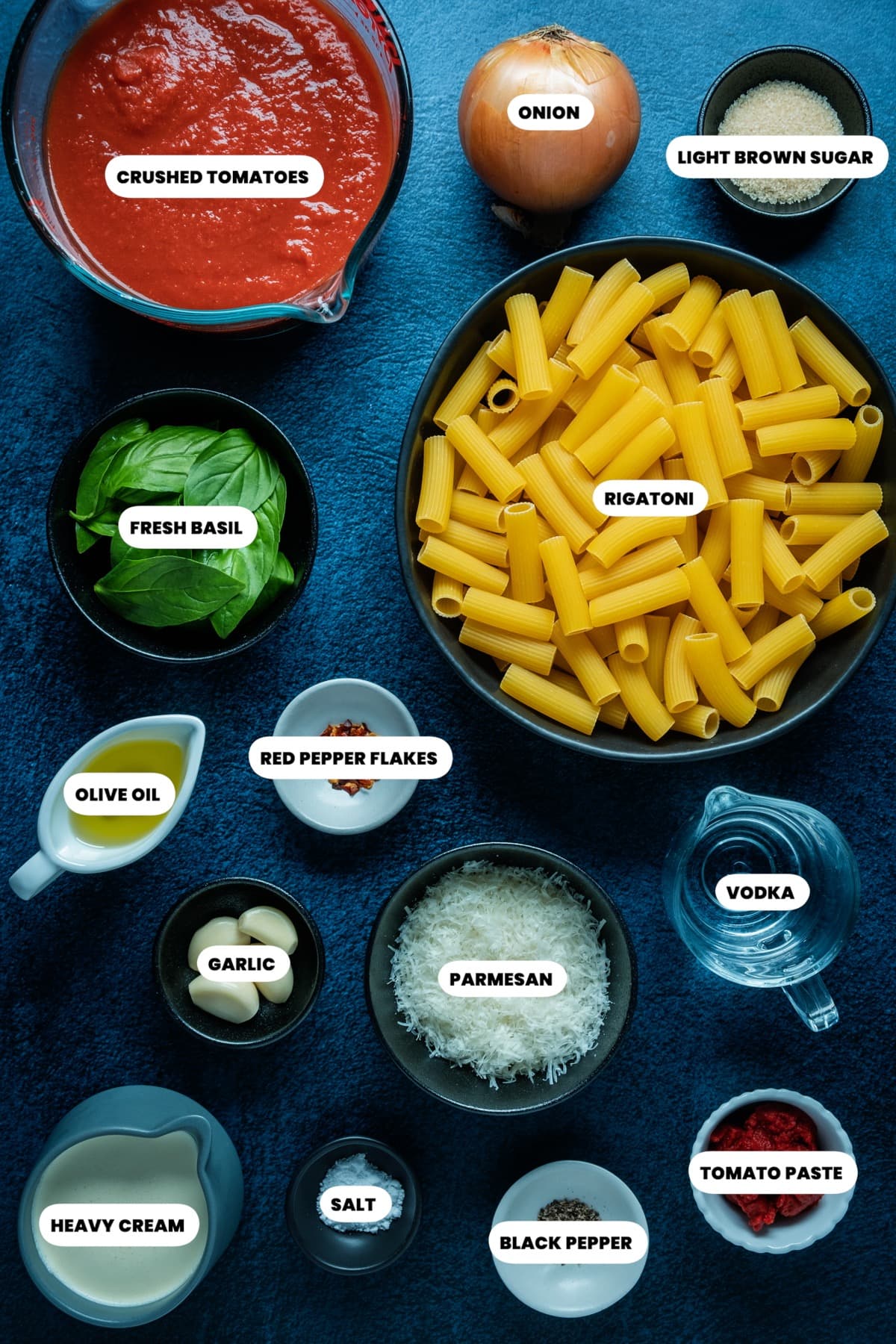 Photo of the ingredients needed to make spicy vodka rigatoni.