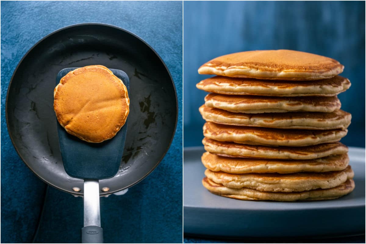 Two photo collage showing cooked pancake on a spatula and then a stack of cooked pancakes on a plate.