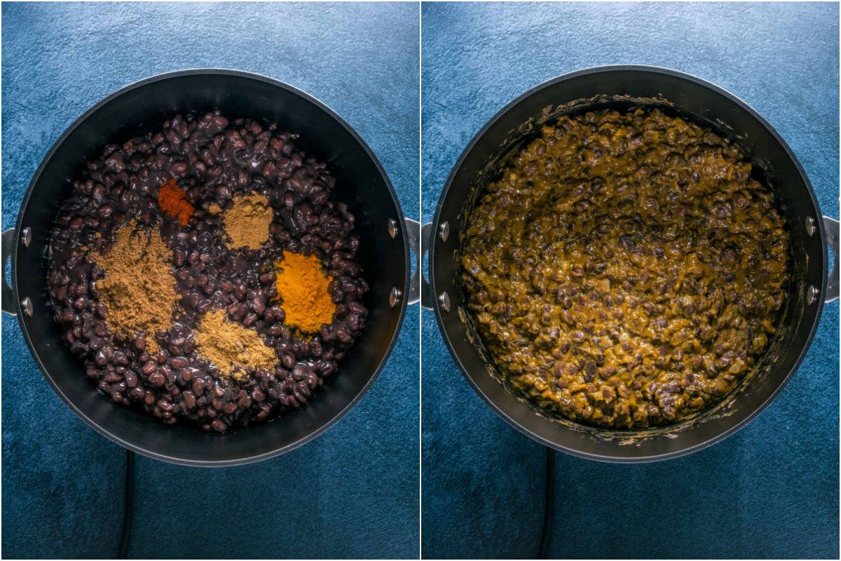 Two photo collage showing black beans and spices added to pot and tossed together.