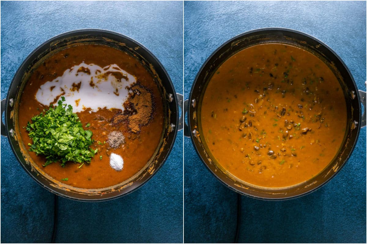 Two photo collage showing cream, cilantro and coconut sugar added to pot and mixed in.