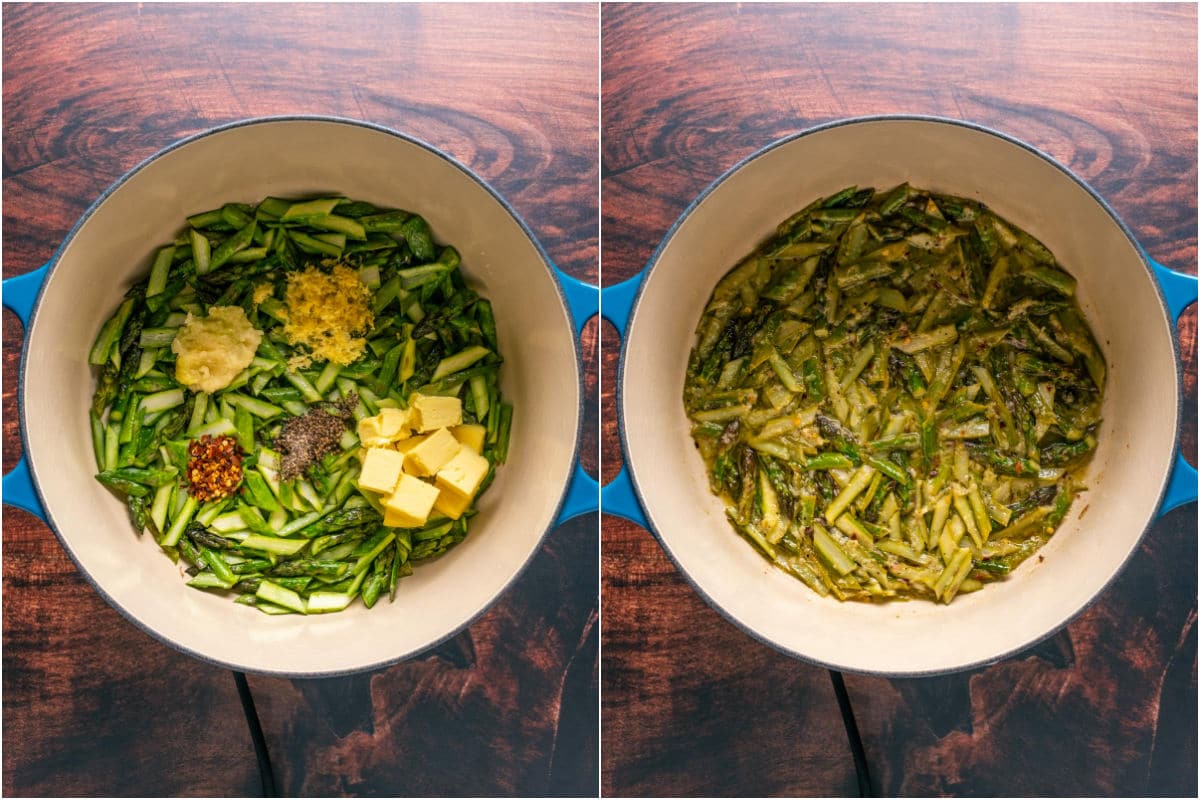 Collage of two photos showing butter, garlic, red pepper flakes, lemon zest, lemon juice and black pepper added to asparagus in pot and cooked until al dente.