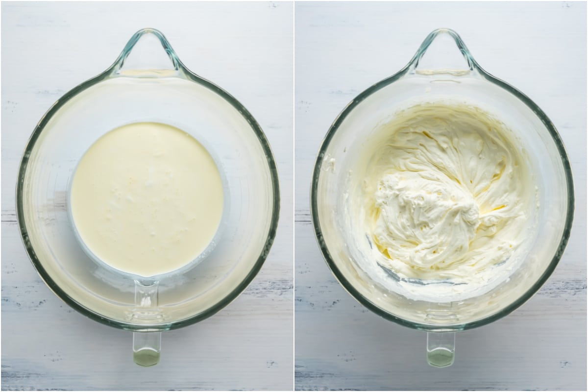 Two photo collage showing heavy cream added to stand mixer and whipped.