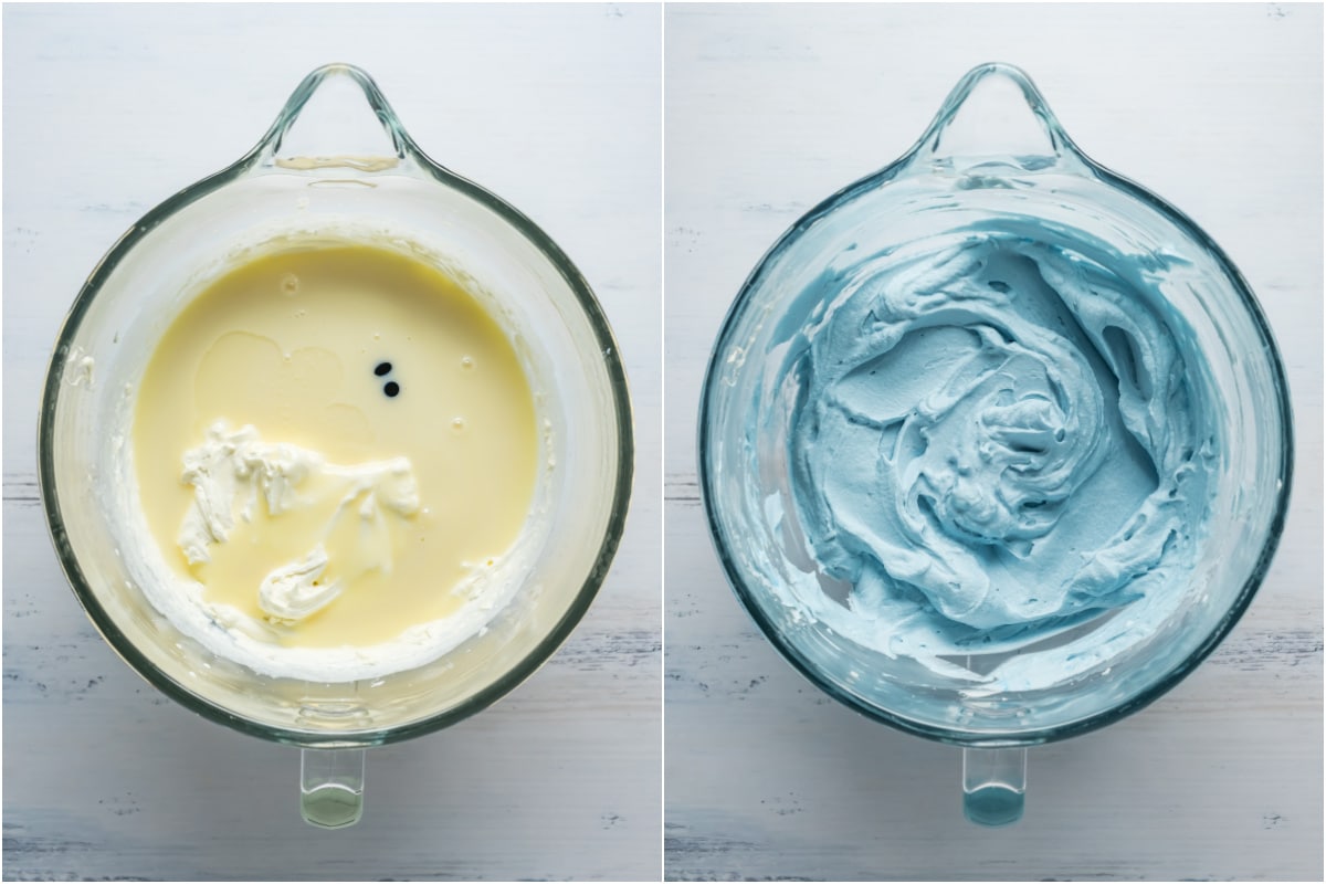 Two photo collage showing condensed milk, cotton candy flavoring and blue food coloring added to whipped cream and whipped in.