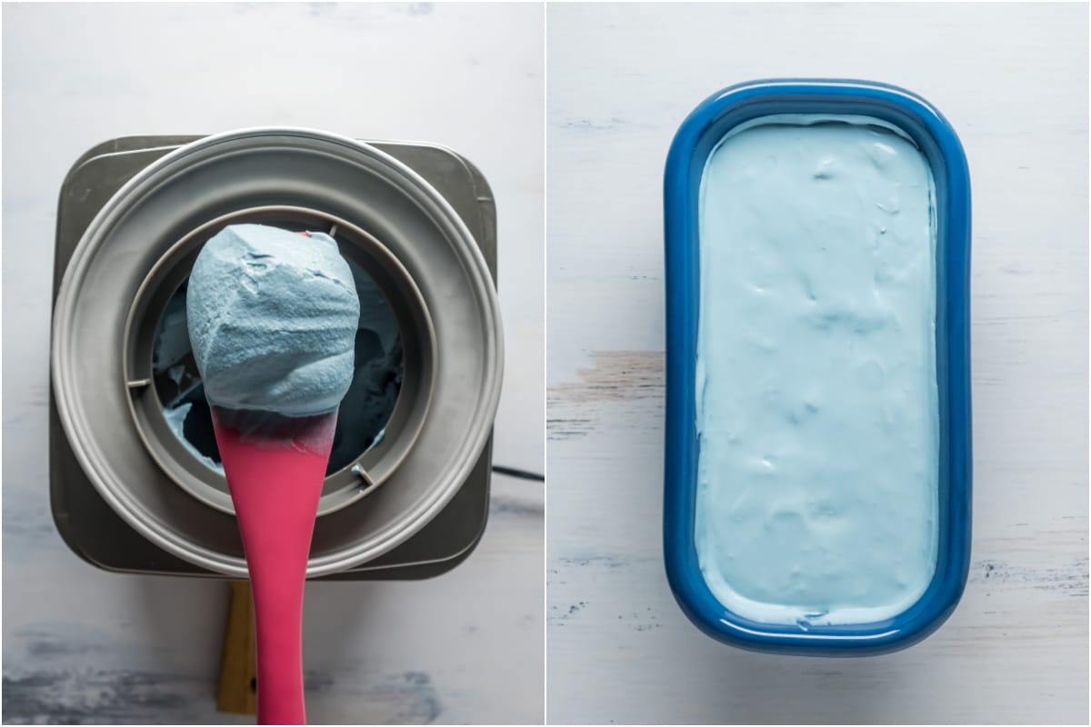 Two photo collage showing ice cream transferred to blue loaf pan and smoothed down.