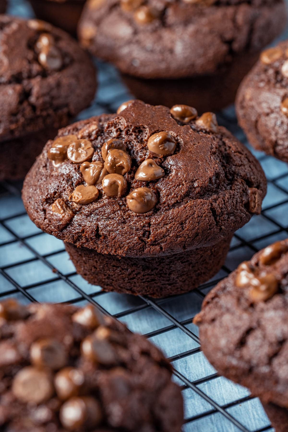 Triple chocolate muffins on a wire cooling rack.