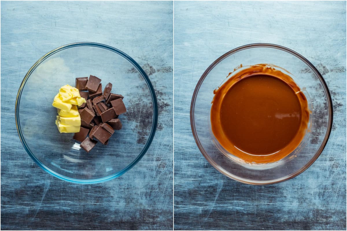 Collage of two photos showing chocolate and butter added to microwave safe bowl and melted.