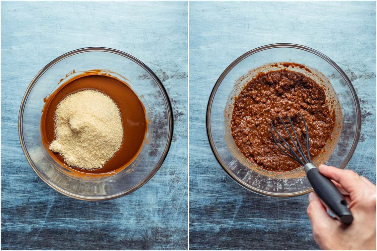 Two photo collage showing brown sugar added to melted chocolate and butter and whisked in.