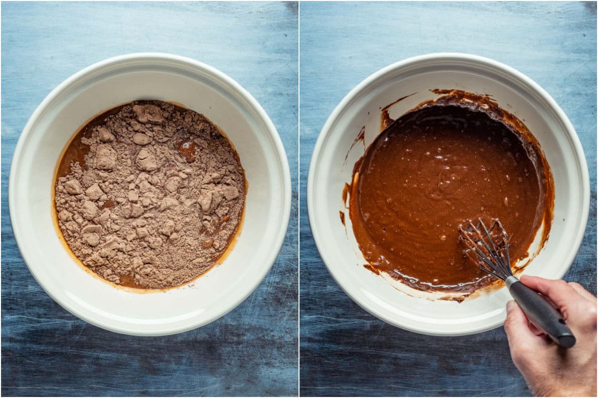 Two photo collage showing wet ingredients added to dry and mixed into a batter.