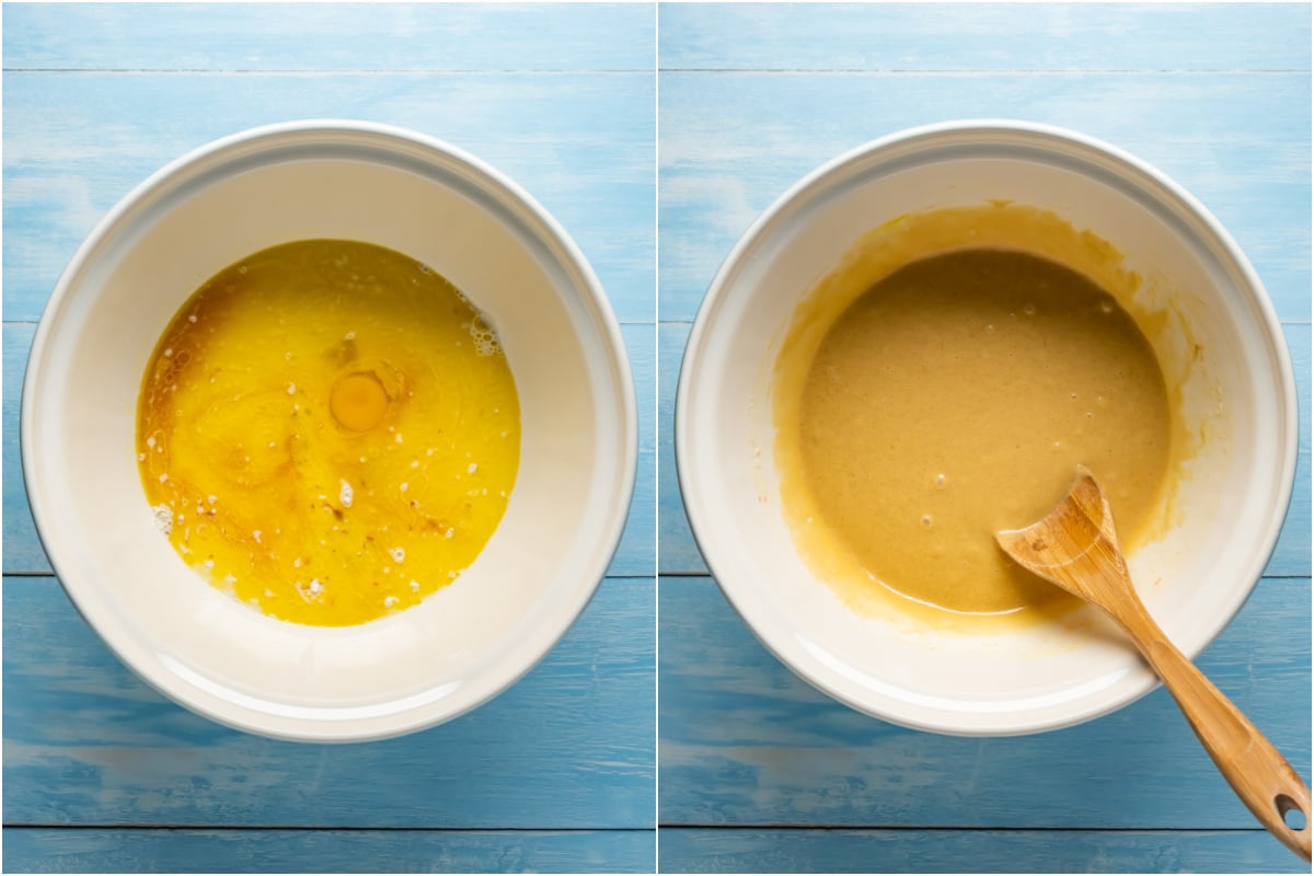 Two photo collage showing wet ingredients added to dry and mixed into a batter.