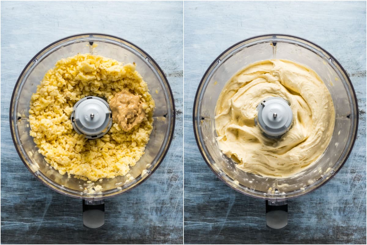 Two photo collage showing cashew butter added to bananas in food processor and processed into nice cream.