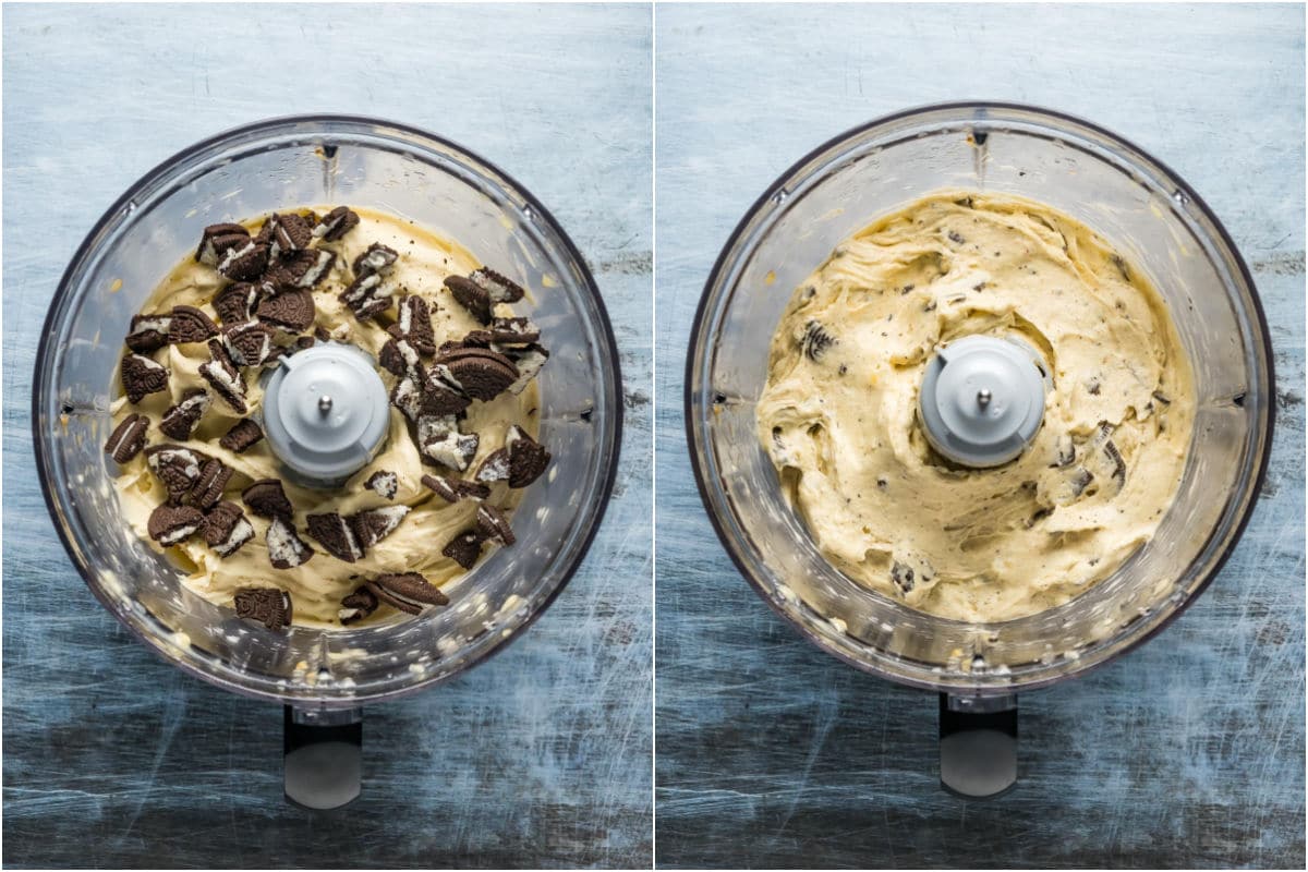 Two photo collage showing oreo pieces added to food processor and pulse blended in.