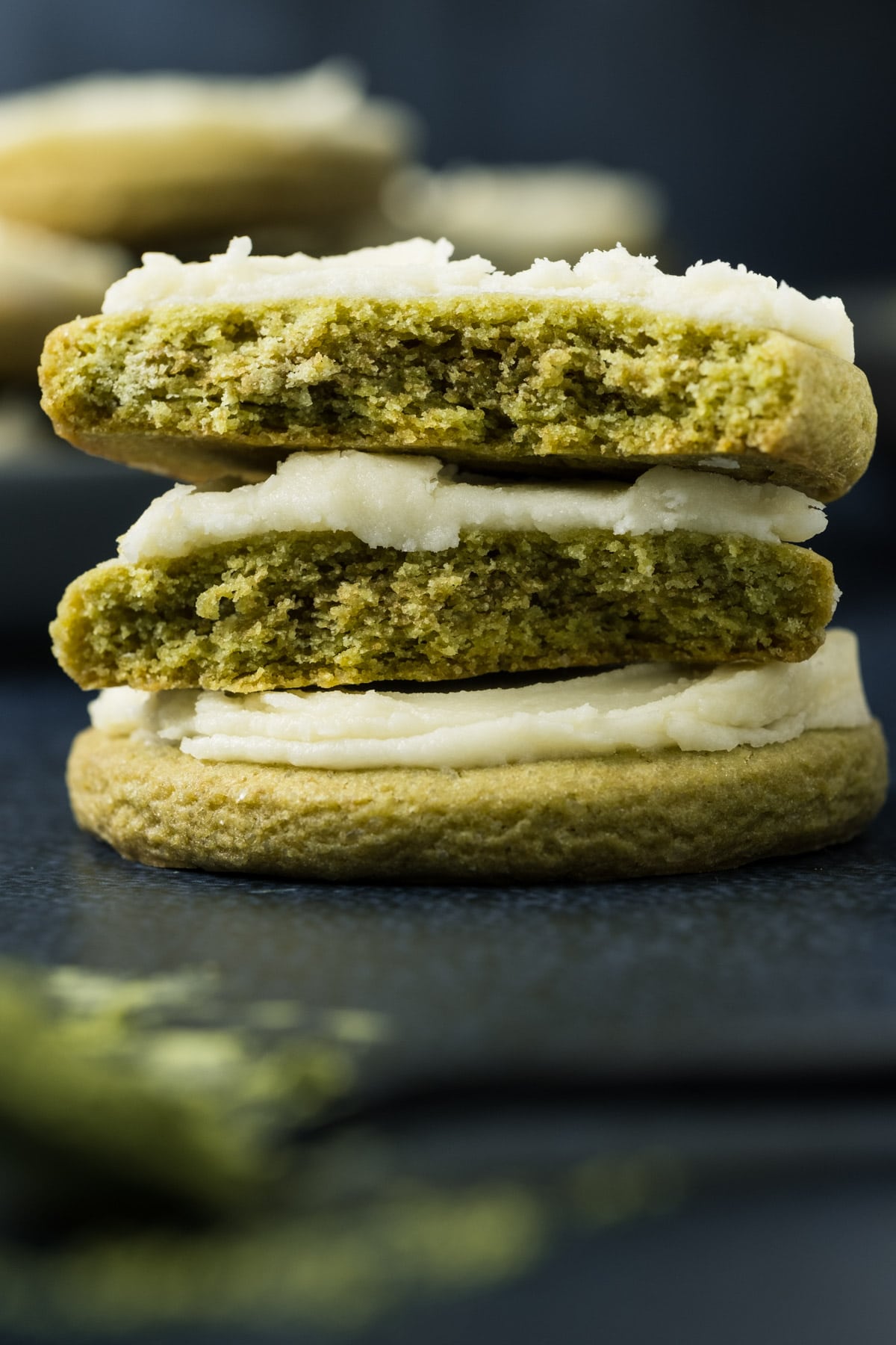 Matcha cookie broken in half.