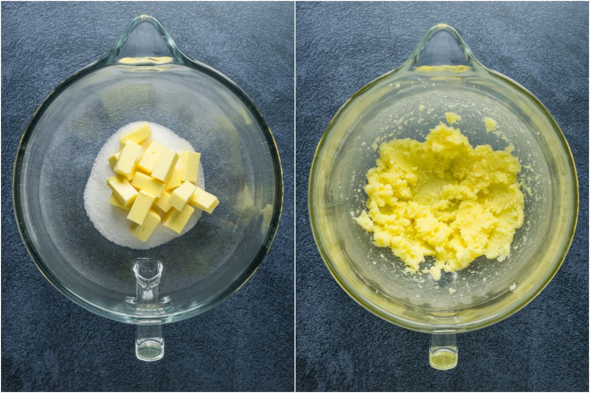 Two photo collage showing butter and sugar added to stand mixer and mixed.