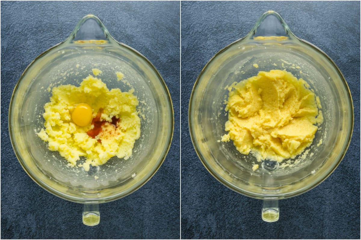 Two photo collage showing egg and vanilla added to stand mixer and mixed.