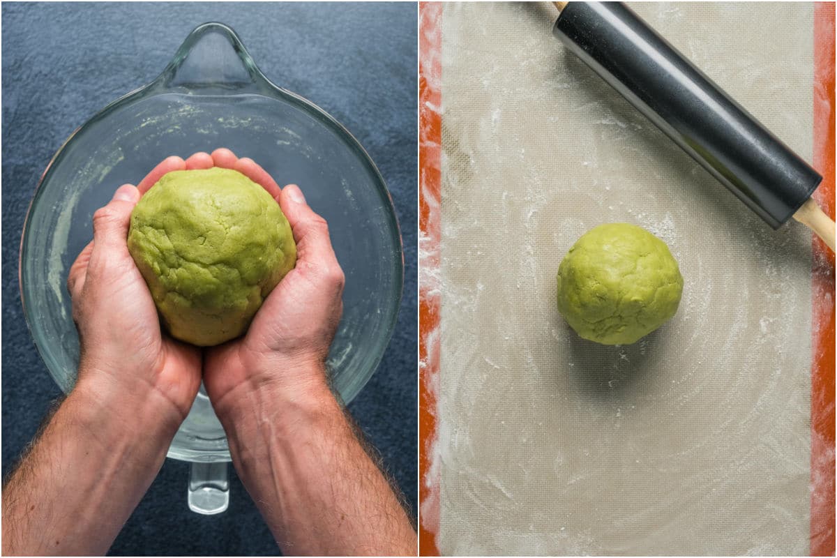 Two photo collage showing forming the mix into a ball of dough and transferring to a flour dusted mat.