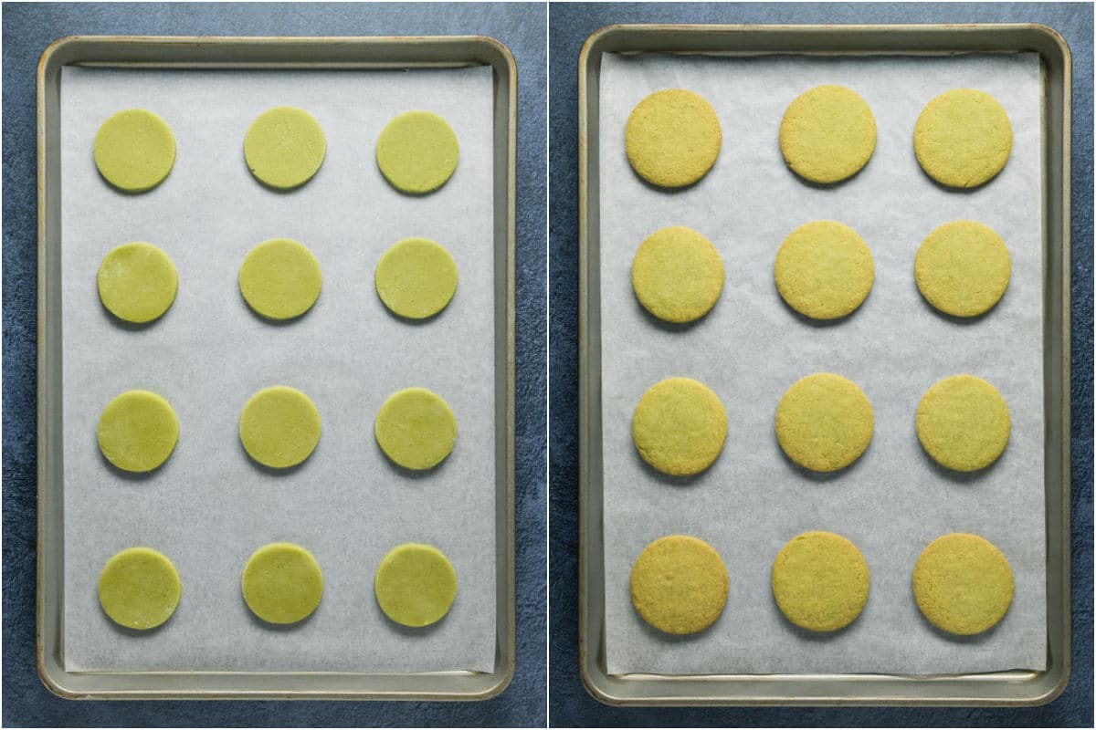 Two photo collage showing cookies on a parchment lined baking sheet before and after baking.