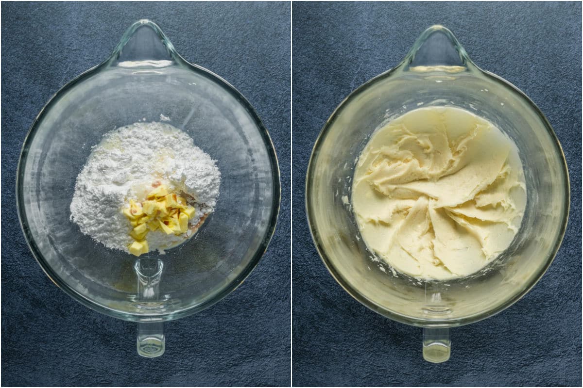 Two photo collage showing frosting ingredients added to stand mixer and mixed.