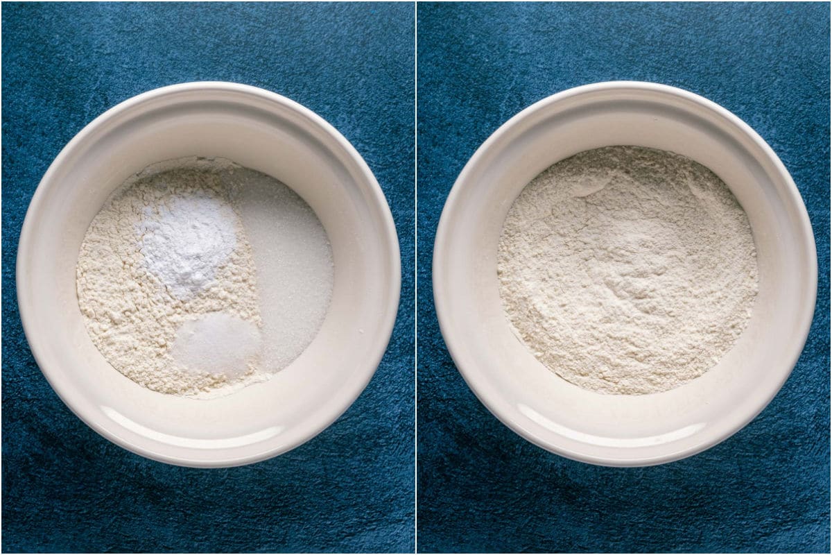 Two photo collage showing dry ingredients added to mixing bowl and mixed together.