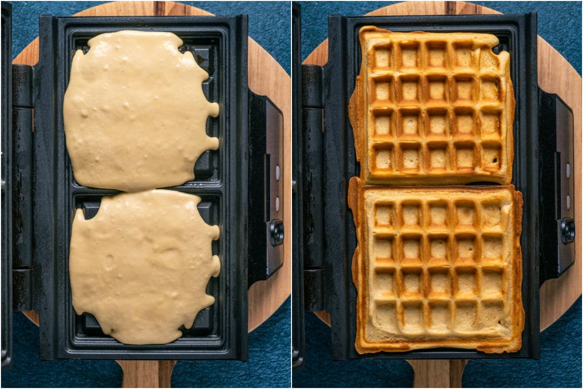 Two photo collage showing waffle batter in waffle machine and then the cooked waffles.