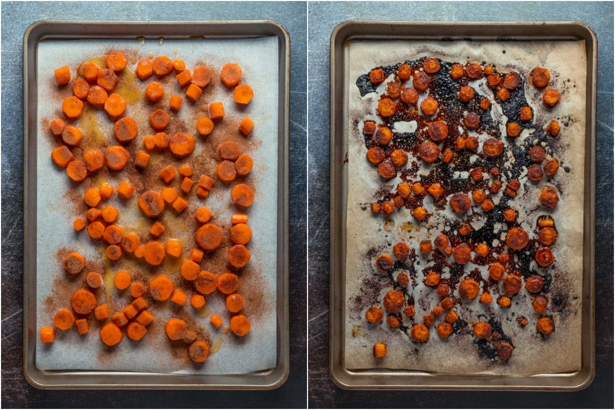 Two photo collage showing cinnamon and nutmeg sprinkled over carrots on a parchment lined baking sheet and then baked.