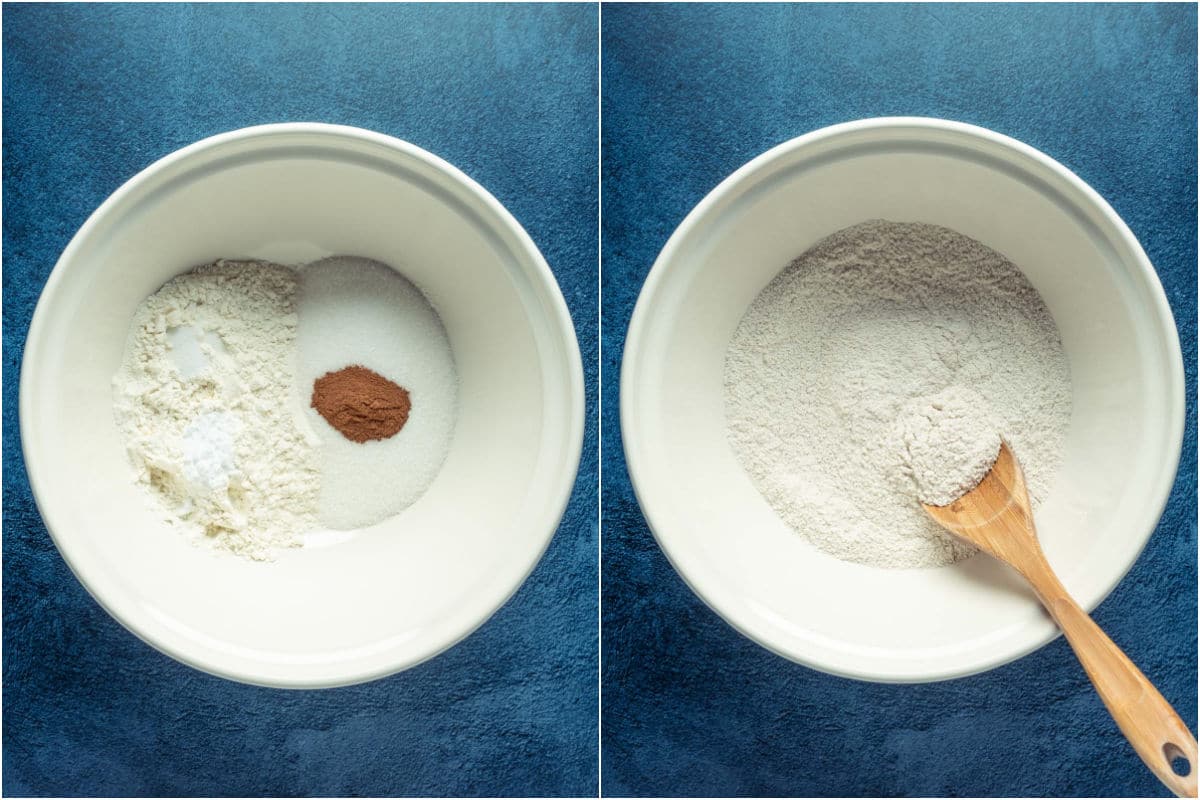 Two photo collage showing dry ingredients added to mixing bowl and mixed.