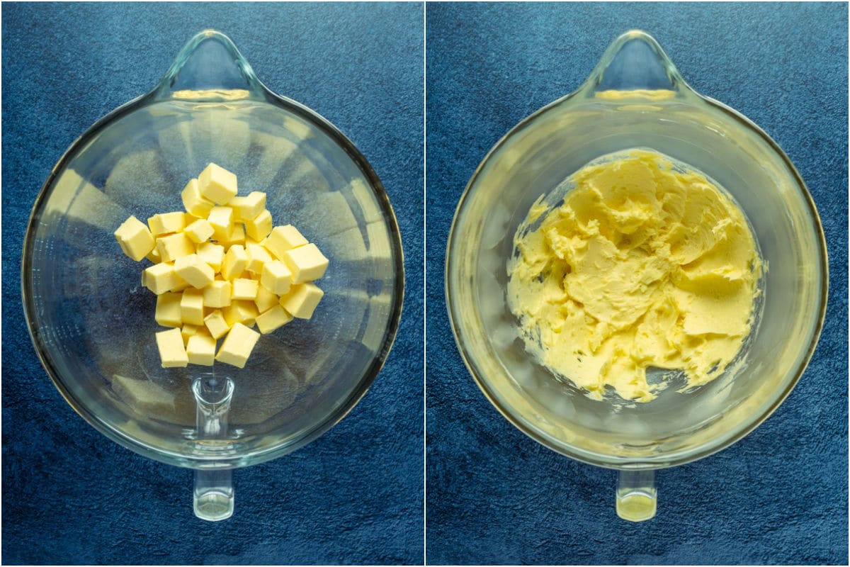 Two photo collage showing butter added to stand mixer and beaten until smooth.