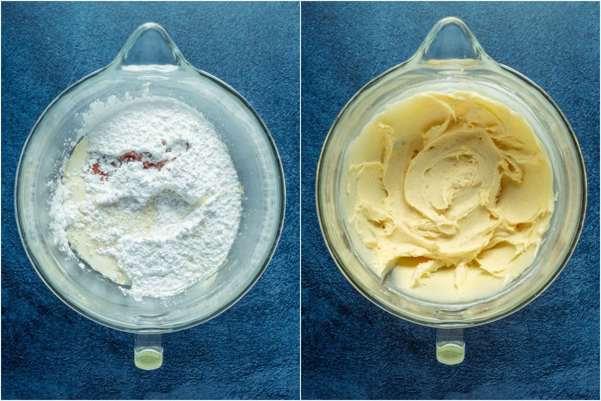 Two photo collage showing powdered sugar, vanilla and milk added to stand mixer and beaten into a smooth frosting.