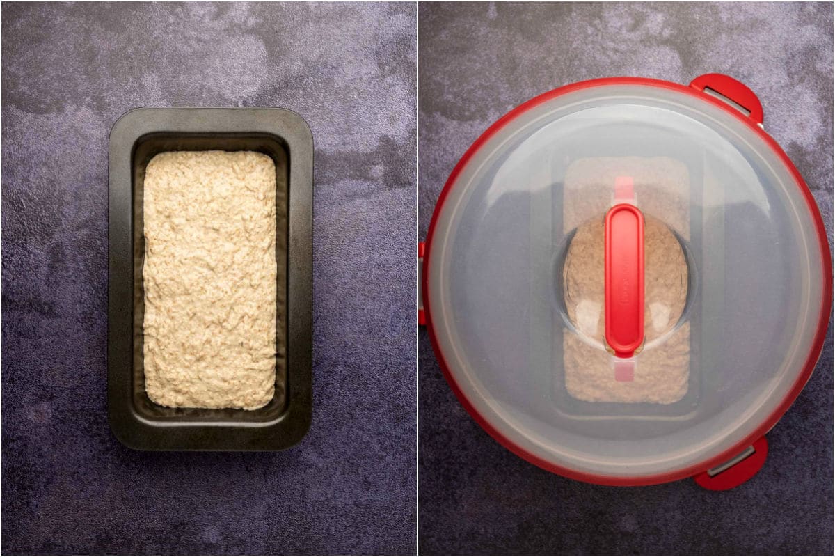 Collage of two photos showing bread dough in a loaf pan and then covered to rise.