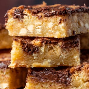 Nutella blondies in a messy stack.