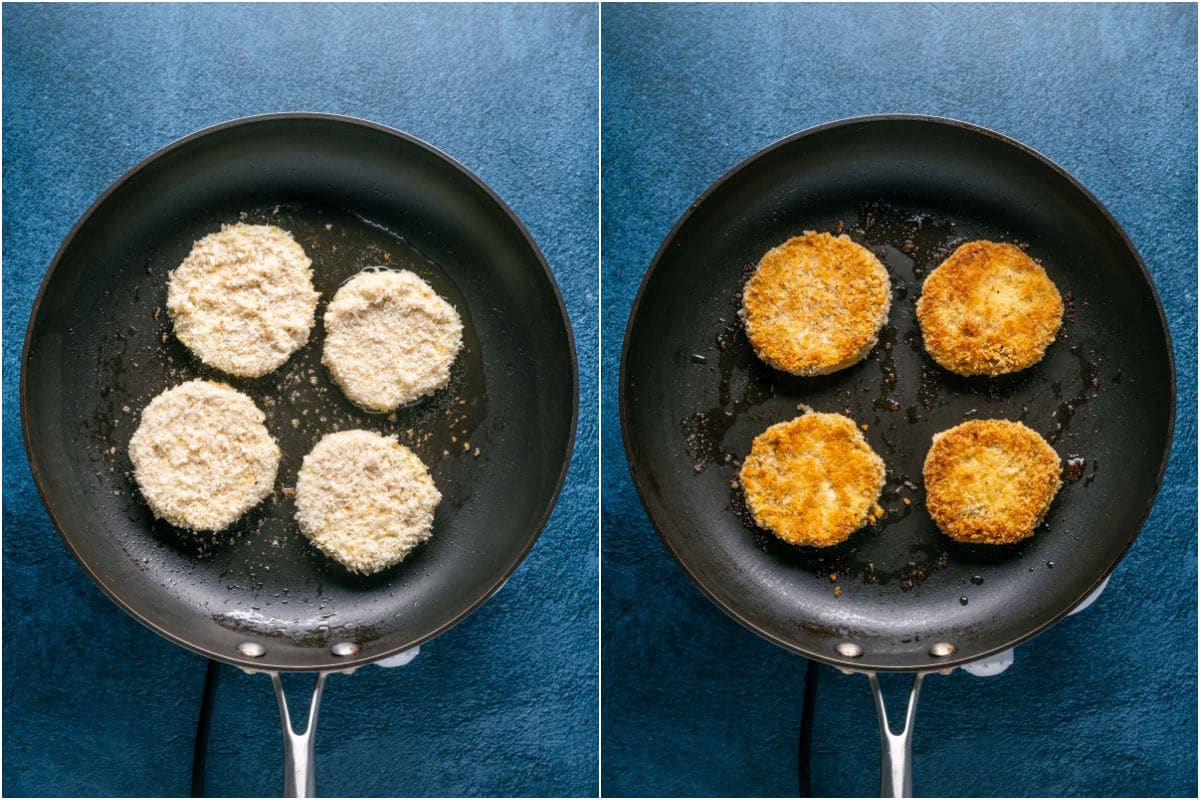 Two photo collage showing crumbed eggplant slices added to frying pan and then flipped.