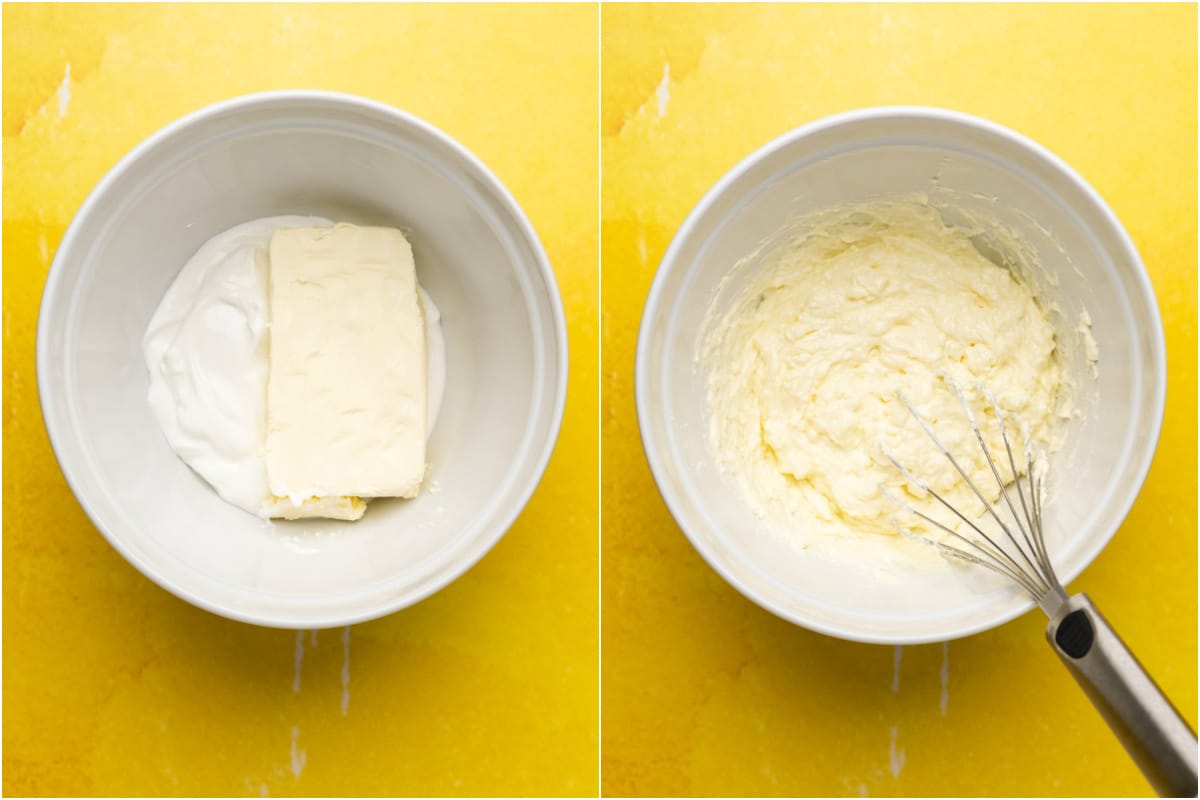 Cream cheese and mayonnaise added to mixing bowl and mixed together. 