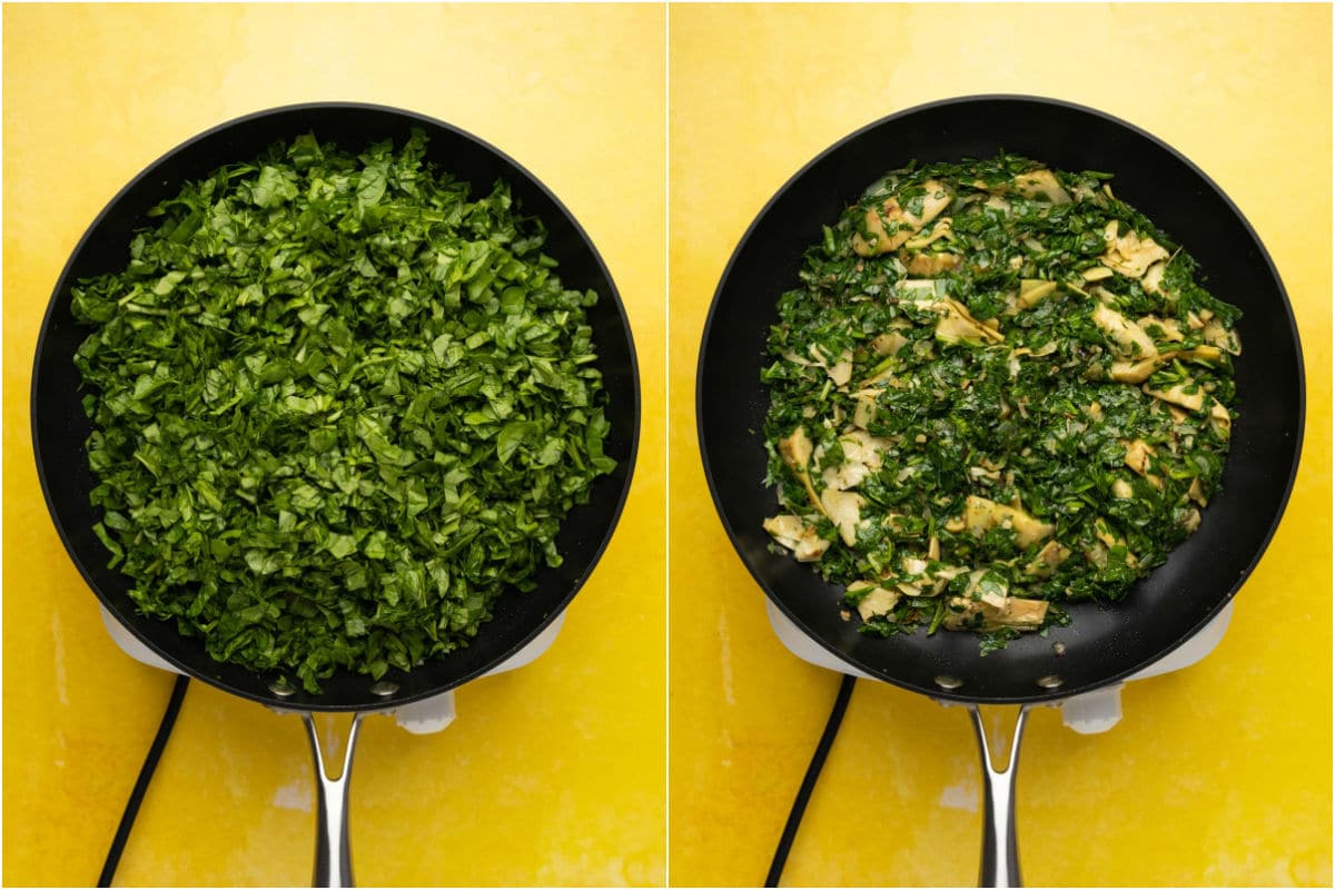 Fresh chopped spinach added to pan and stirred in until wilted.