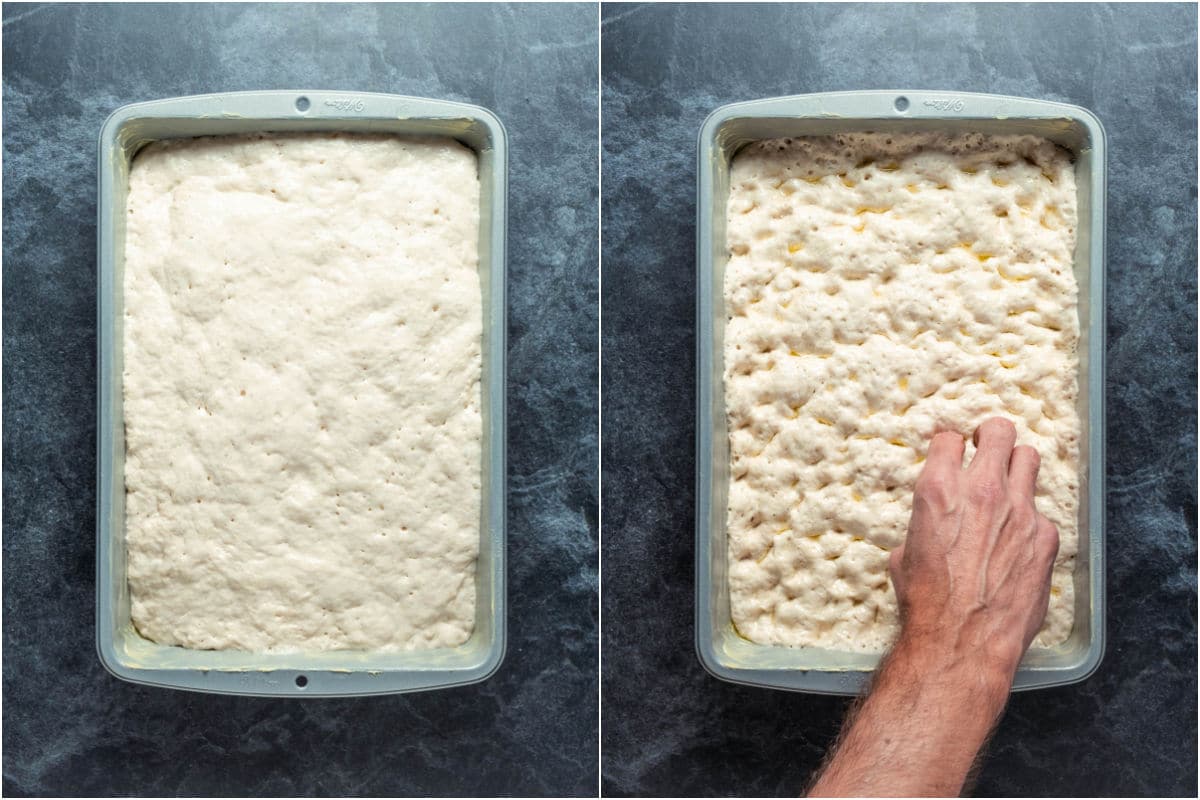 Risen focaccia dough in a 9x13 dish and then poked with holes.
