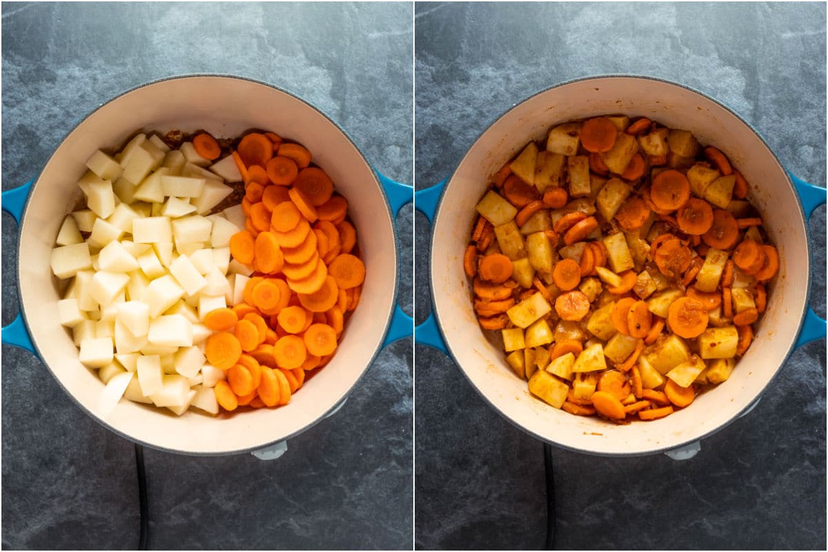 Chopped potatoes and carrots added to pot and tossed with the onions and spices.