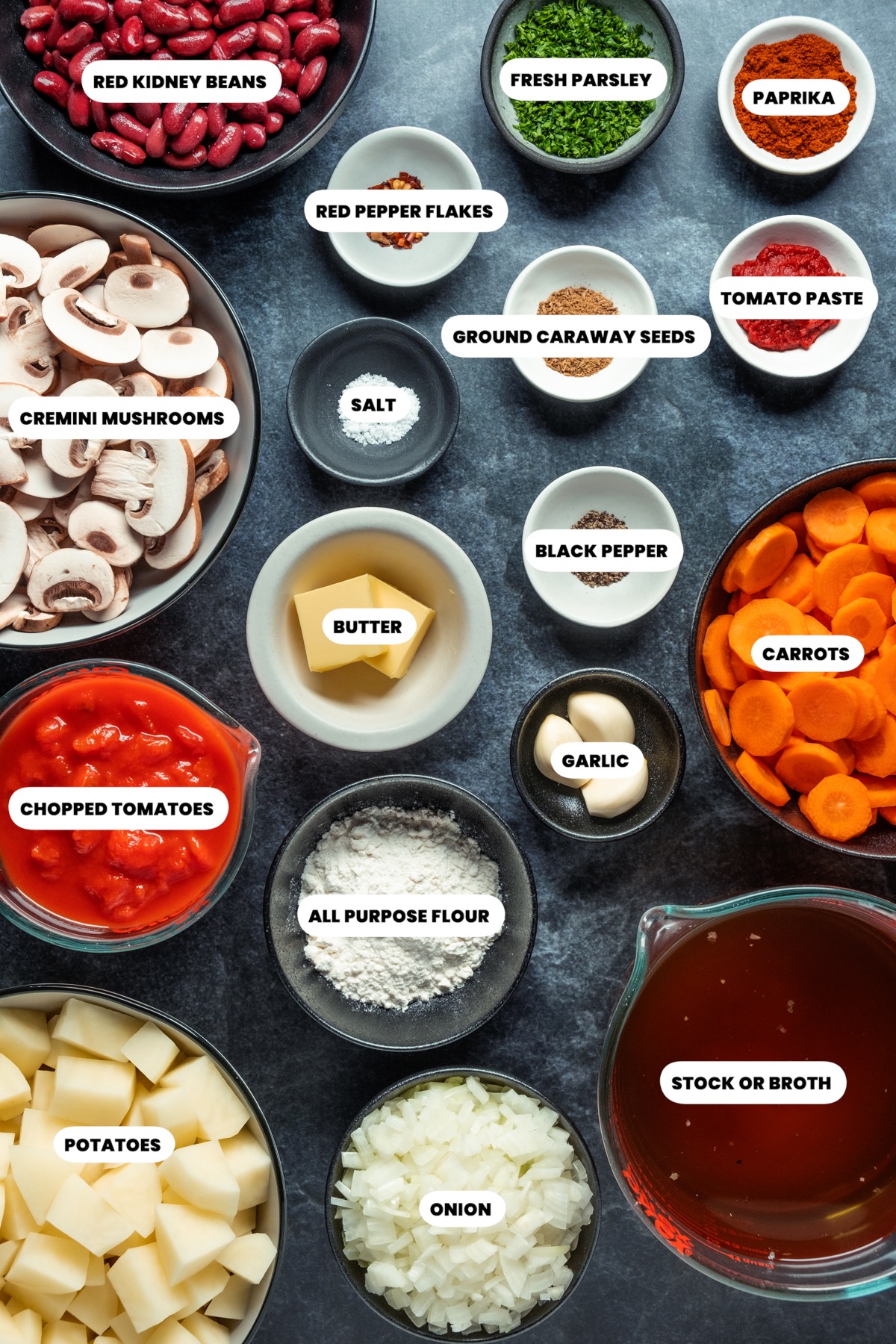 Ingredients for vegetarian Hungarian goulash. 