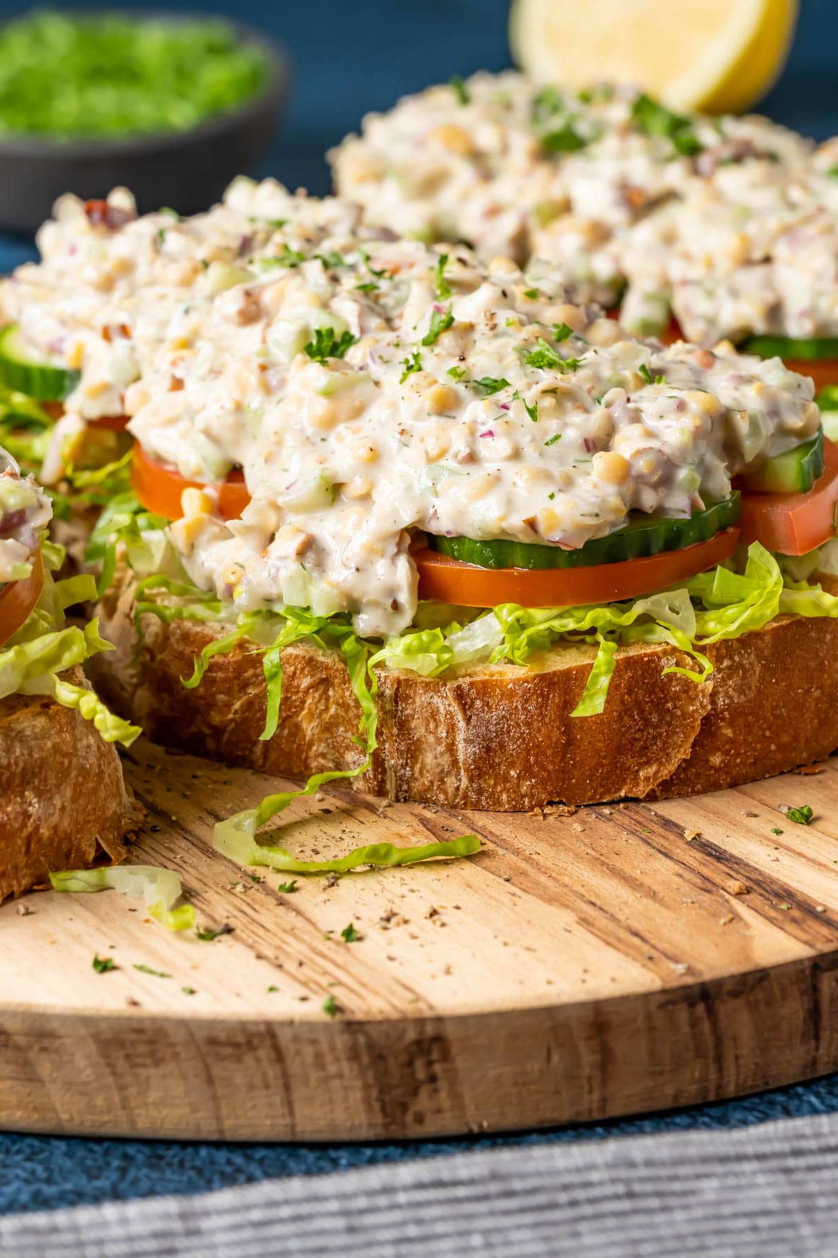 Open faced sandwiches topped with chickpea chicken salad.