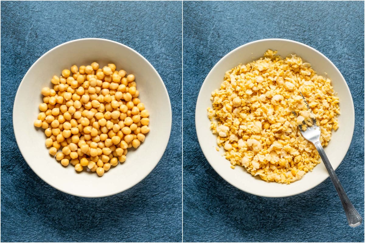 Chickpeas added to bowl and mashed with a fork.