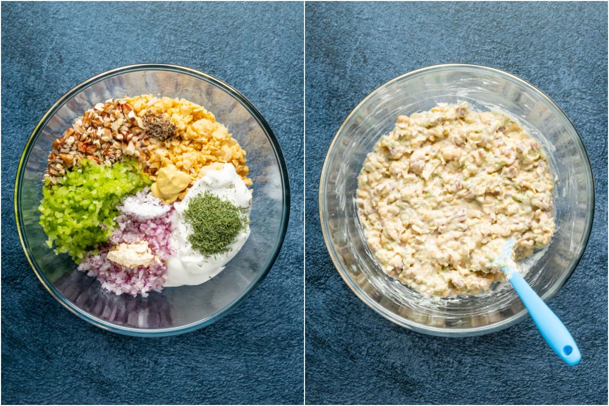 Mashed chickpeas added to bowl with mayonnaise, celery, red onions, pecans, mustard, lemon juice, garlic powder, vinegar, salt, pepper and dill and mixed together.