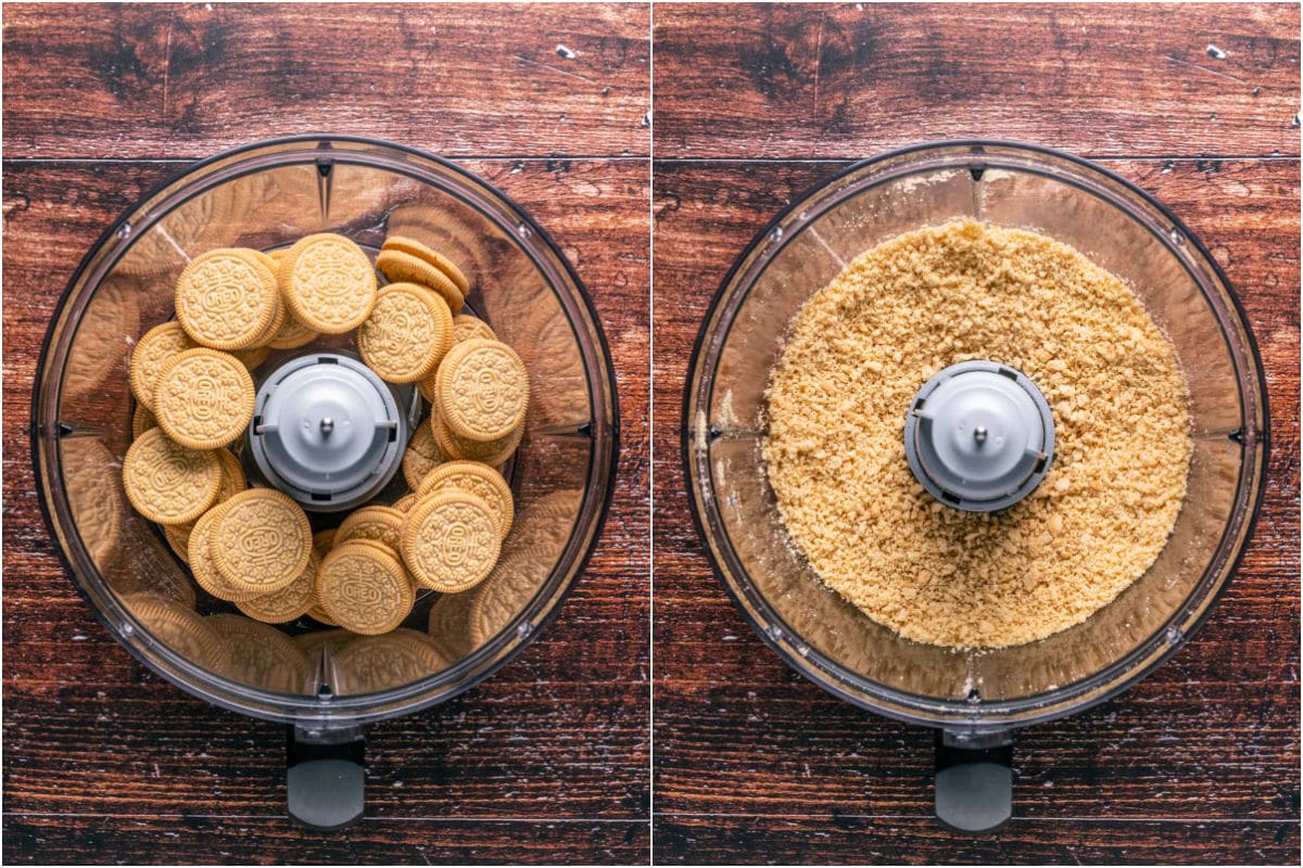 Golden oreos added to food processor and processed into crumbs.