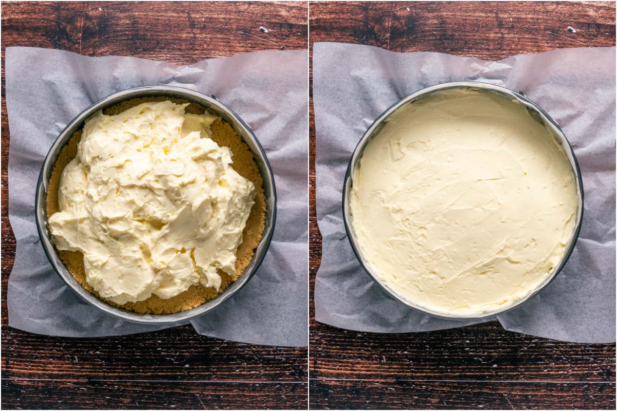 Cheesecake filling placed on top of golden oreo crust and smoothed down.