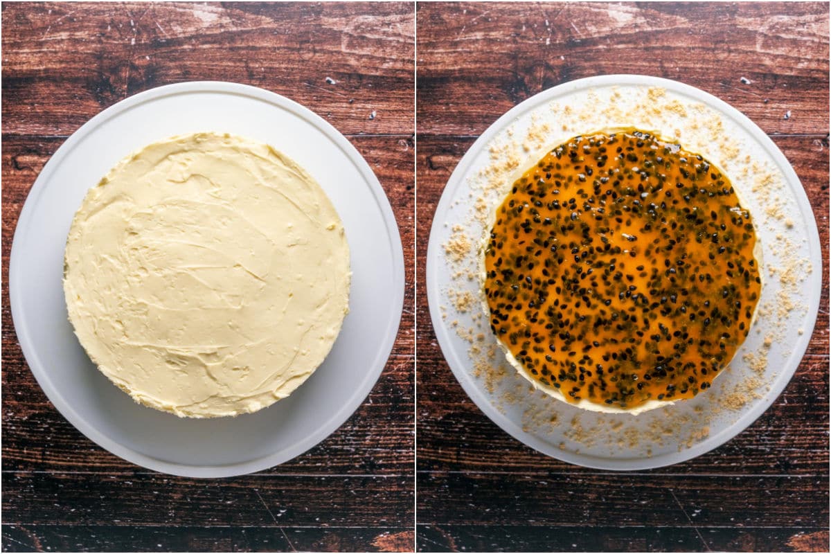 Cheesecake on a white cake stand and then passion fruit topping spread on top.
