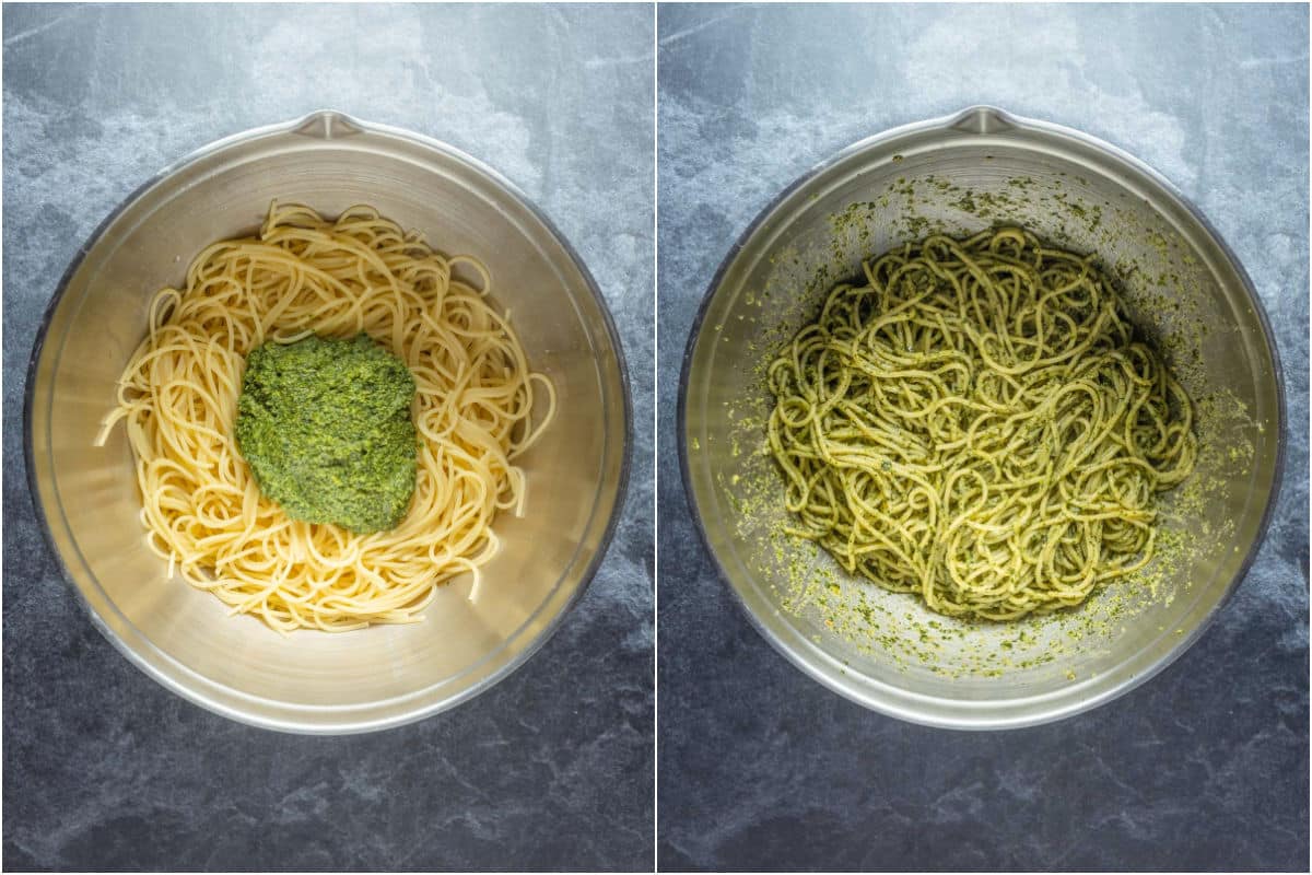 Cooked spaghetti added to bowl with pesto and tossed.