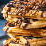 Oreo Waffles drizzled with melted chocolate.