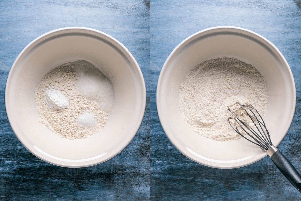 Dry ingredients added to mixing bowl and mixed.