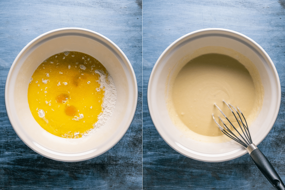 Wet ingredients added to mixing bowl and mixed into a waffle batter.