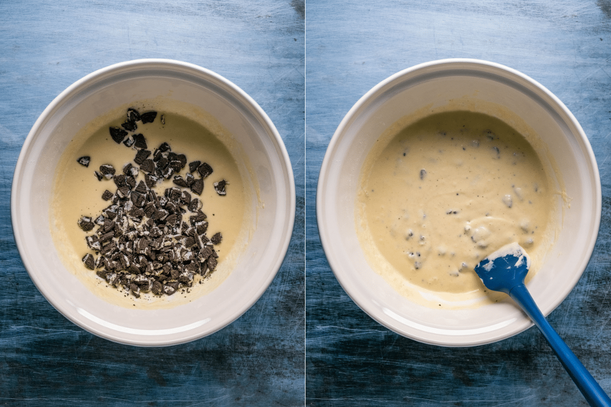 Crushed Oreos added to waffle batter and mixed.